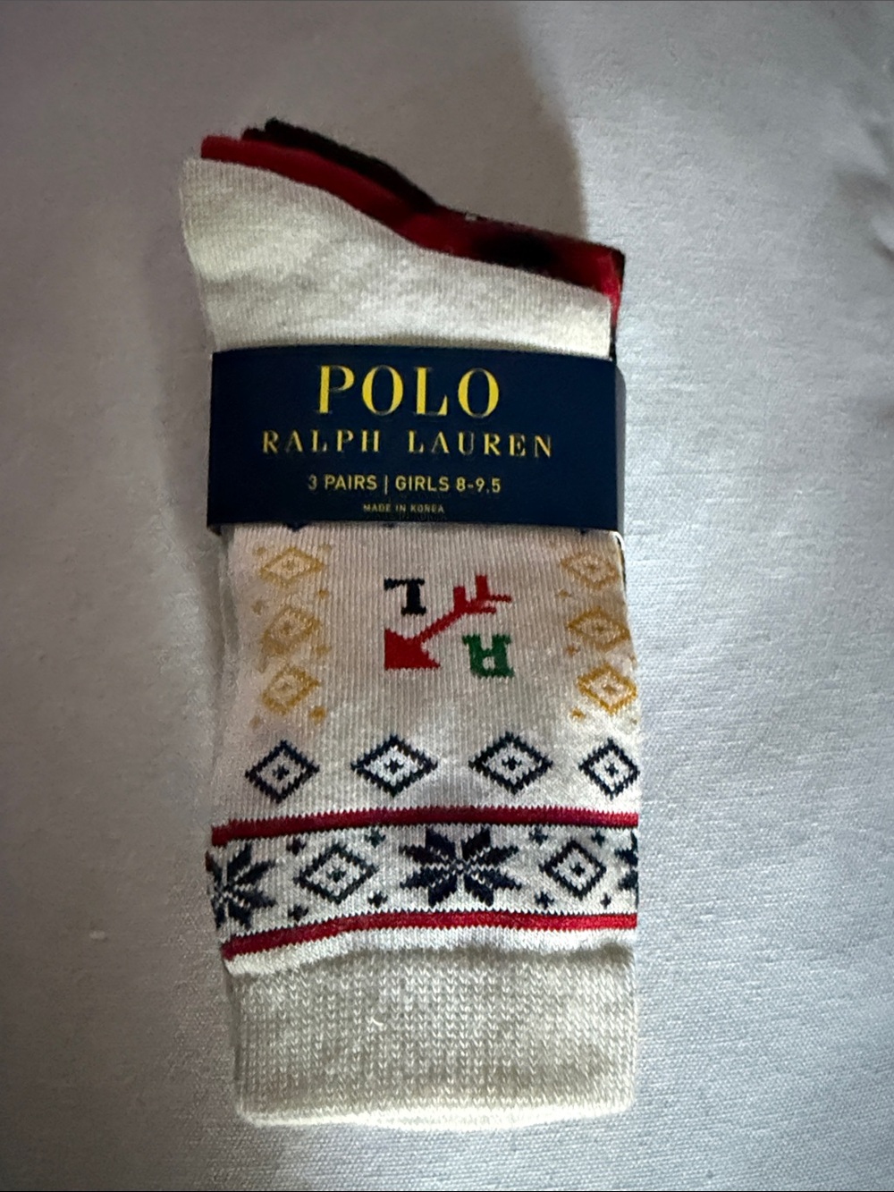 Polo by Ralph Lauren Cream Holiday Pattern Socks with Red, Navy & Gold Accents